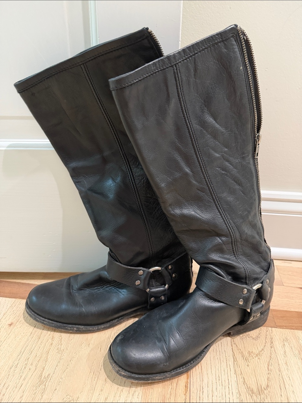 Frye Phillip Harness Tall in Black Soft Vintage Leather.